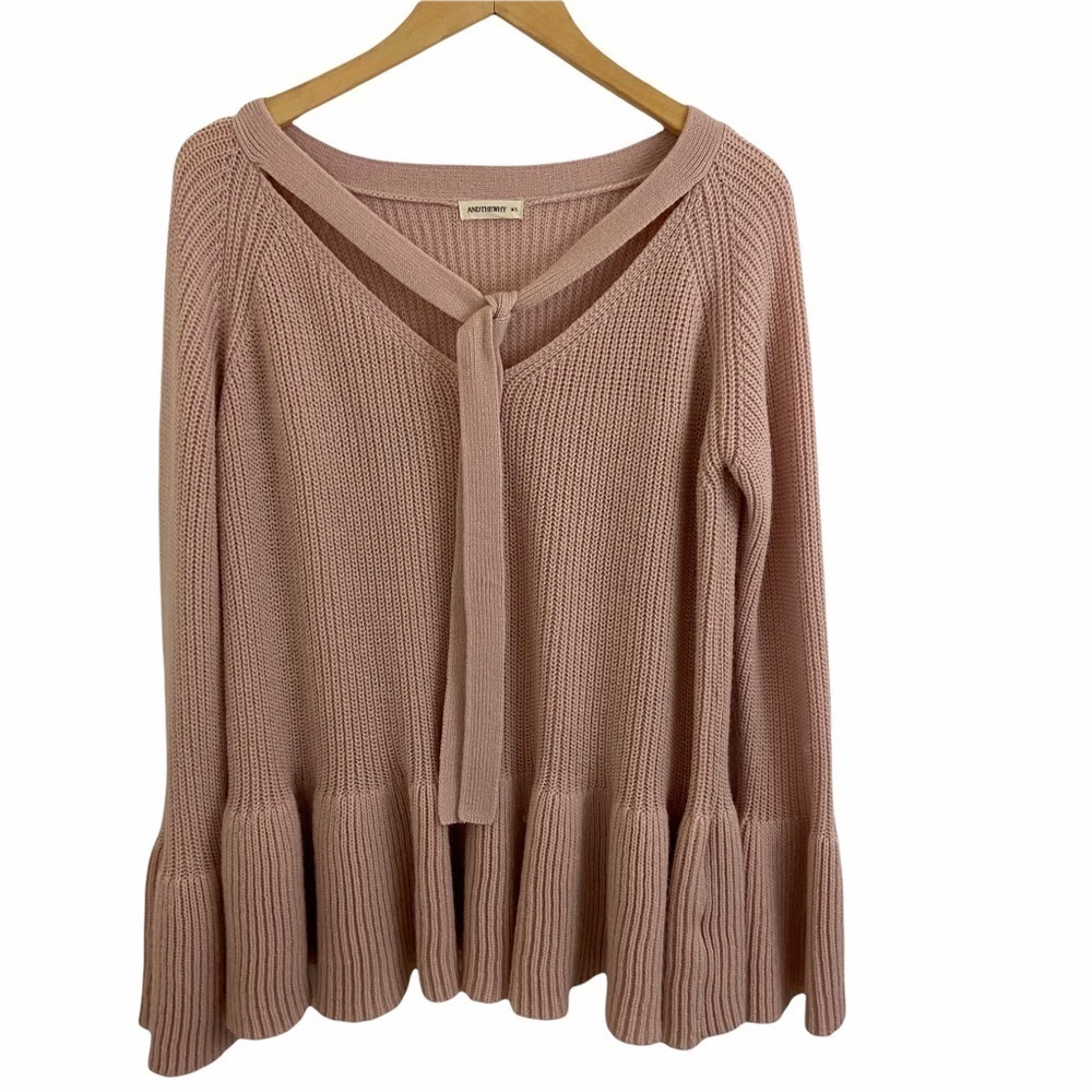 AndTheWhy Blush Pink Tie Neck Peplum Sweater M/L